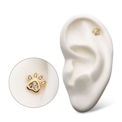 14Kt Yellow Gold Threadless with Dog Paw Clear CZ Top