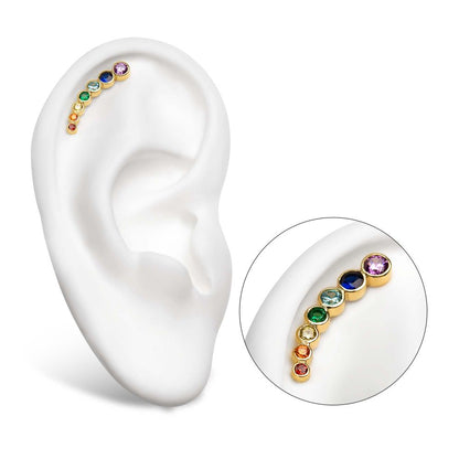 14Kt Yellow Gold Threadless with Bezel Set  Rainbow CZ 7-Cluster Top (Right Ear)
