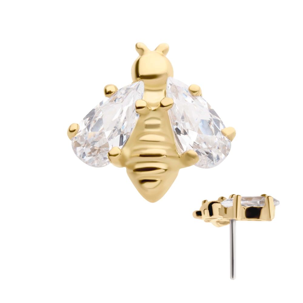 14Kt Yellow Gold Threadless with 4-Prong Set CZ Bee Top