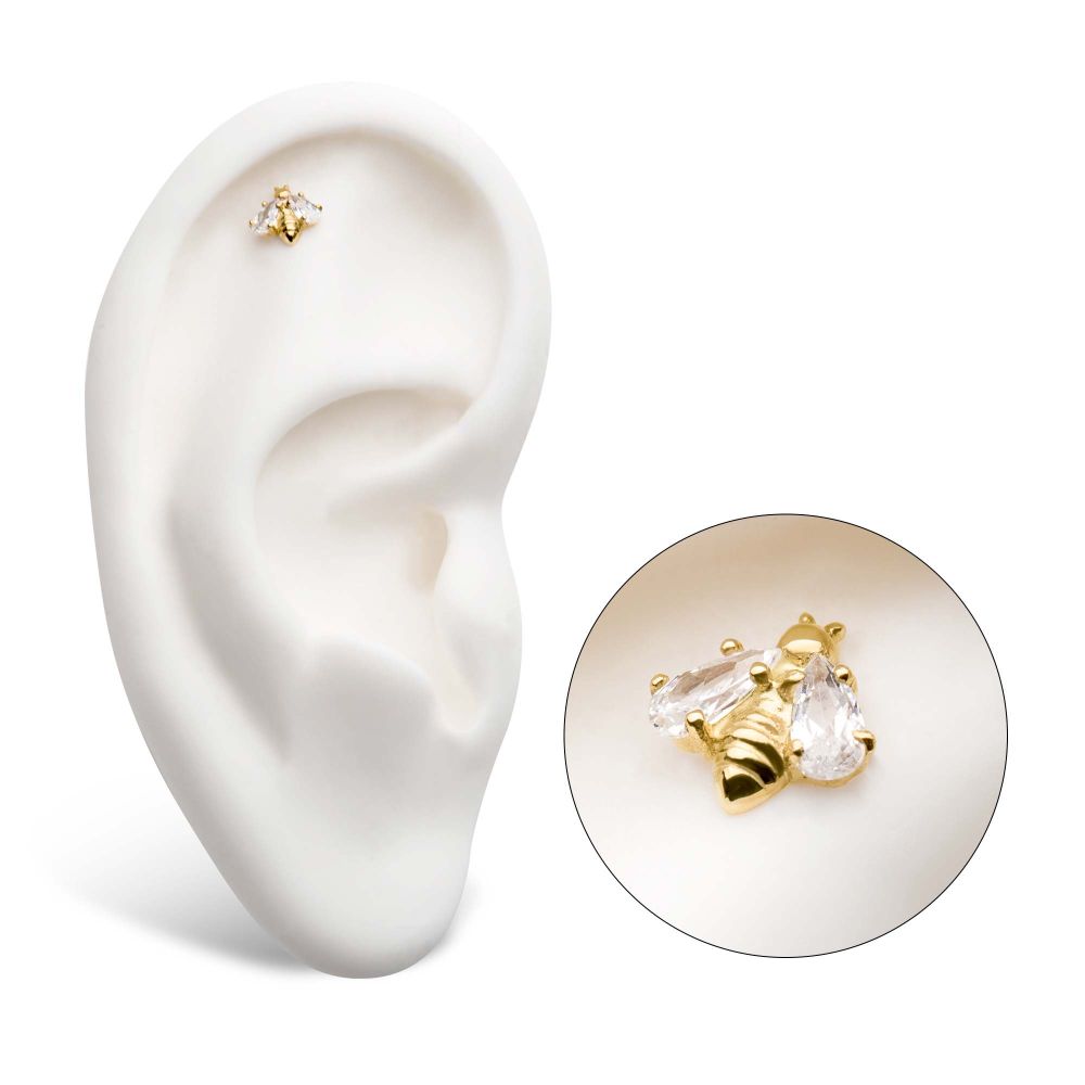 14Kt Yellow Gold Threadless with 4-Prong Set CZ Bee Top