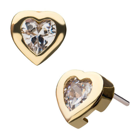 14Kt Yellow Gold Threadless Clear Gem Fancy Heart Top
