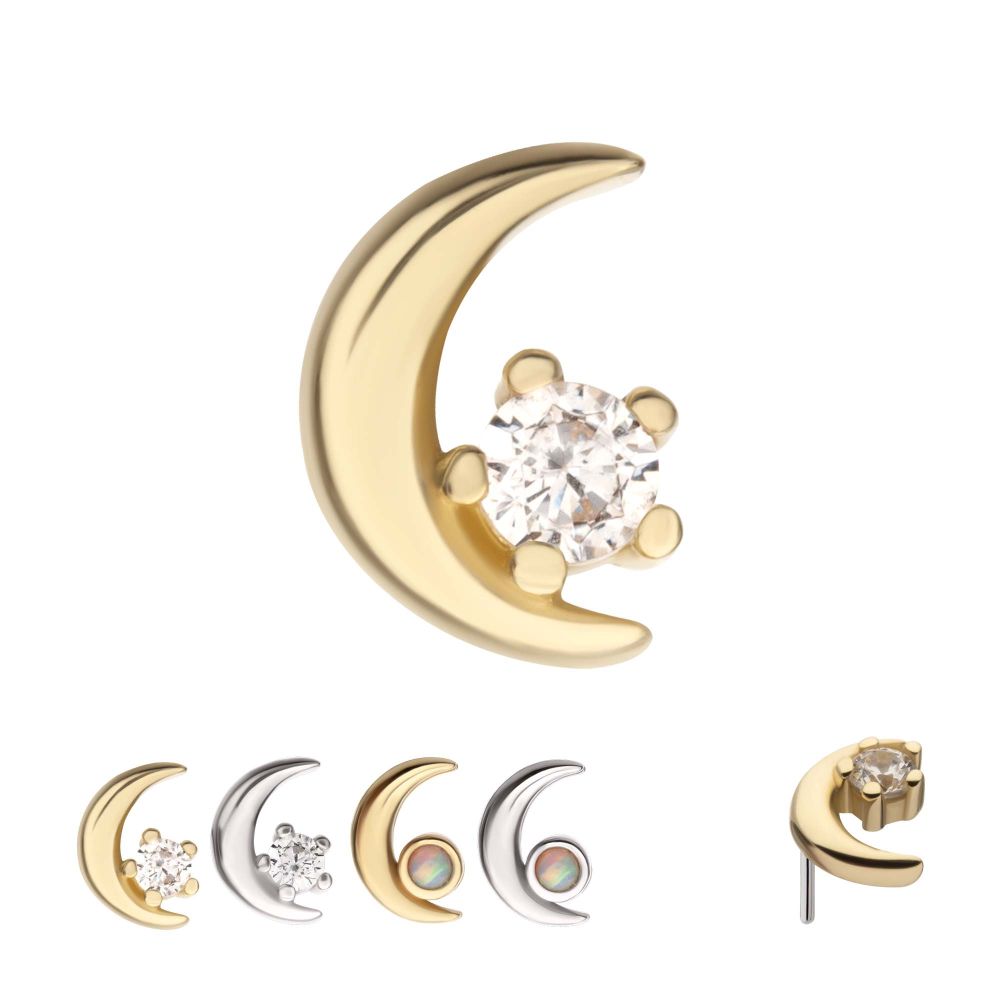 14Kt Gold Threadless Crescent Moon with Round Gem/Opal Top