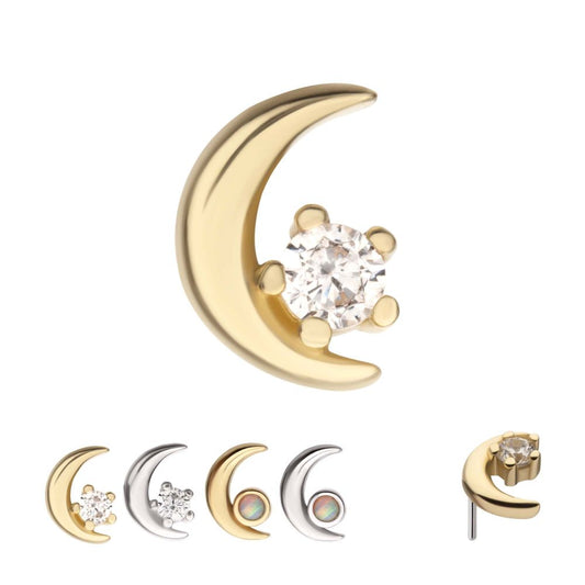 14Kt Gold Threadless Crescent Moon with Round Gem/Opal Top