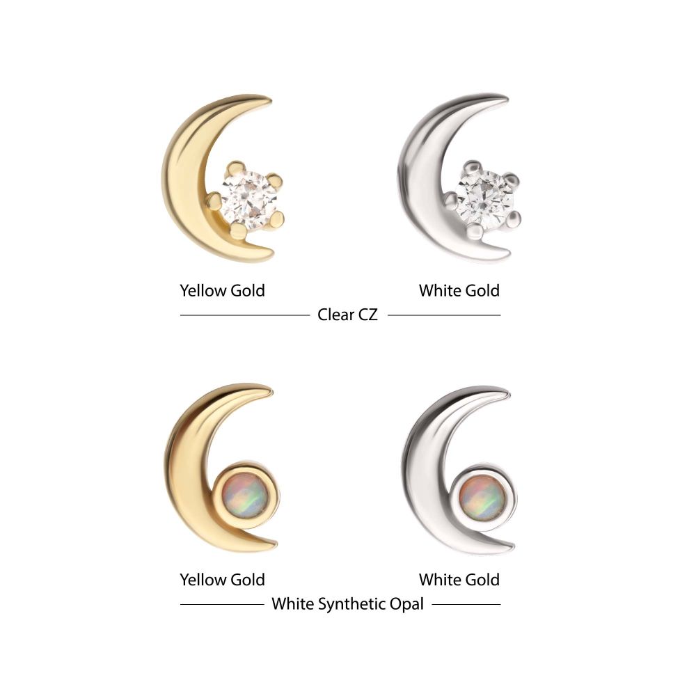 14Kt Gold Threadless Crescent Moon with Round Gem/Opal Top