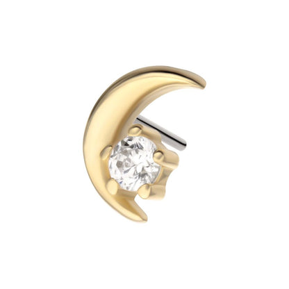 14Kt Gold Threadless Crescent Moon with Round Gem/Opal Top