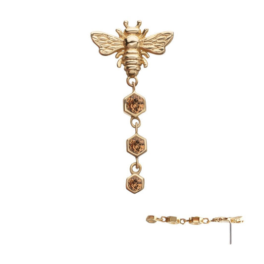 14Kt Yellow Gold Threadless Bee Top with Triple Bezel Set Hexagon Gem Dangle