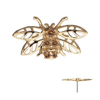 14Kt Yellow Gold Threadless Prong Set Gem Hollow Cut Bee Top