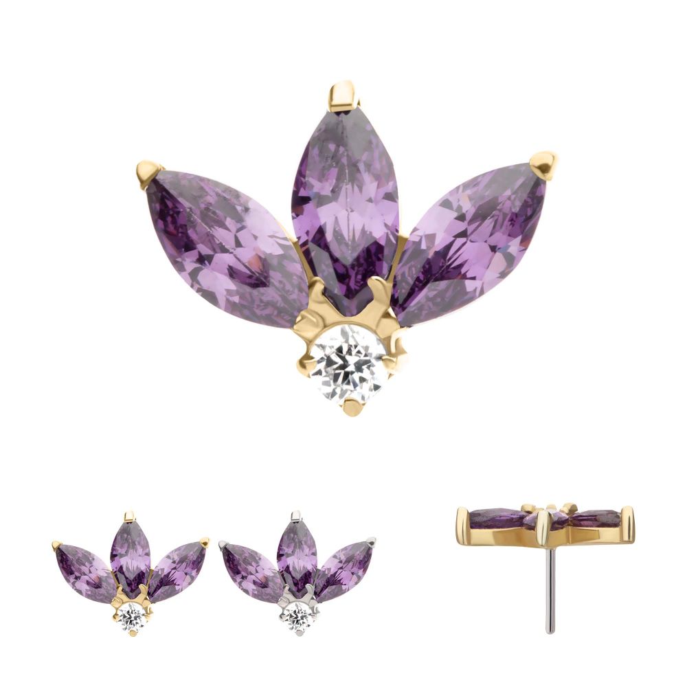 14Kt Gold Threadless 3 Marquise Prong Set Gem Cluster Top