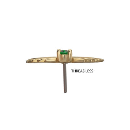 14Kt Yellow Gold Threadless Prong Set Emerald Gem Two Sculpted Leaves Top