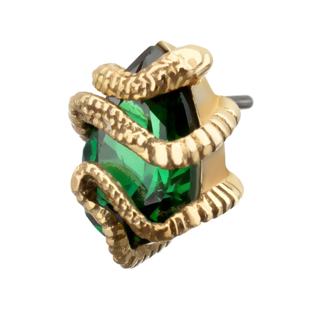14Kt Yellow Gold Threadless Serpent Wrapped on Teardrop Emerald Top
