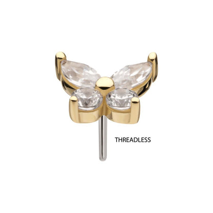 14Kt Gold Threadless Butterfly with Prong Set Round & Marquise Gem Top