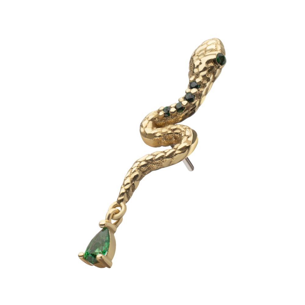 14Kt Yellow Gold Threadless Enchanted Serpent Top with Teardrop Emerald Dangle