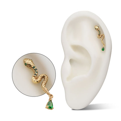 14Kt Yellow Gold Threadless Enchanted Serpent Top with Teardrop Emerald Dangle