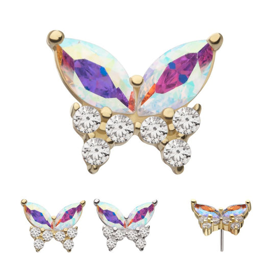14Kt Gold Threadless Butterfly with Prong Set Double Marquise & Triple Round Gem Top