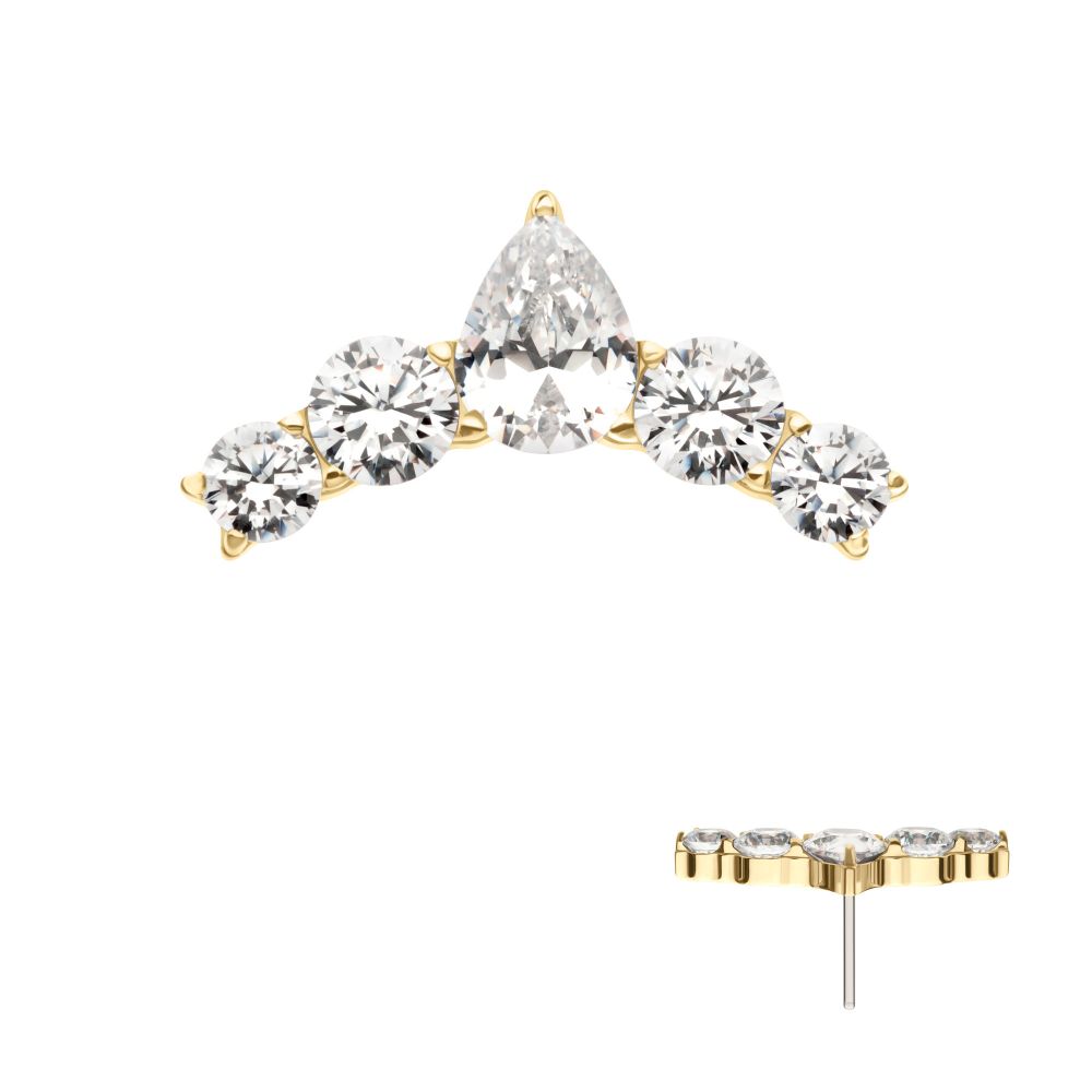 14Kt Yellow Threadless Curved Bar Top with 5-Cluster Round & Teardrop Gem