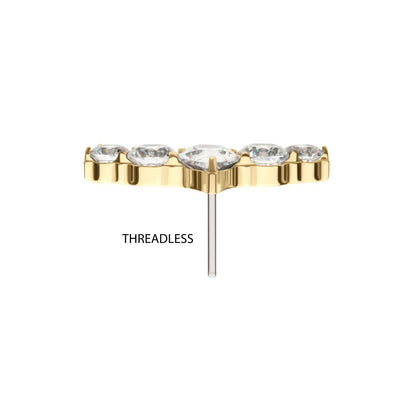 14Kt Yellow Threadless Curved Bar Top with 5-Cluster Round & Teardrop Gem