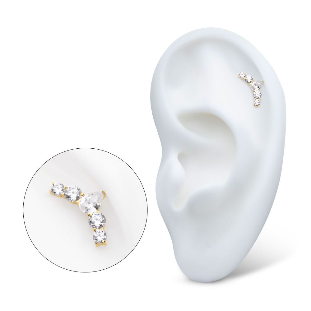 14Kt Yellow Threadless Curved Bar Top with 5-Cluster Round & Teardrop Gem