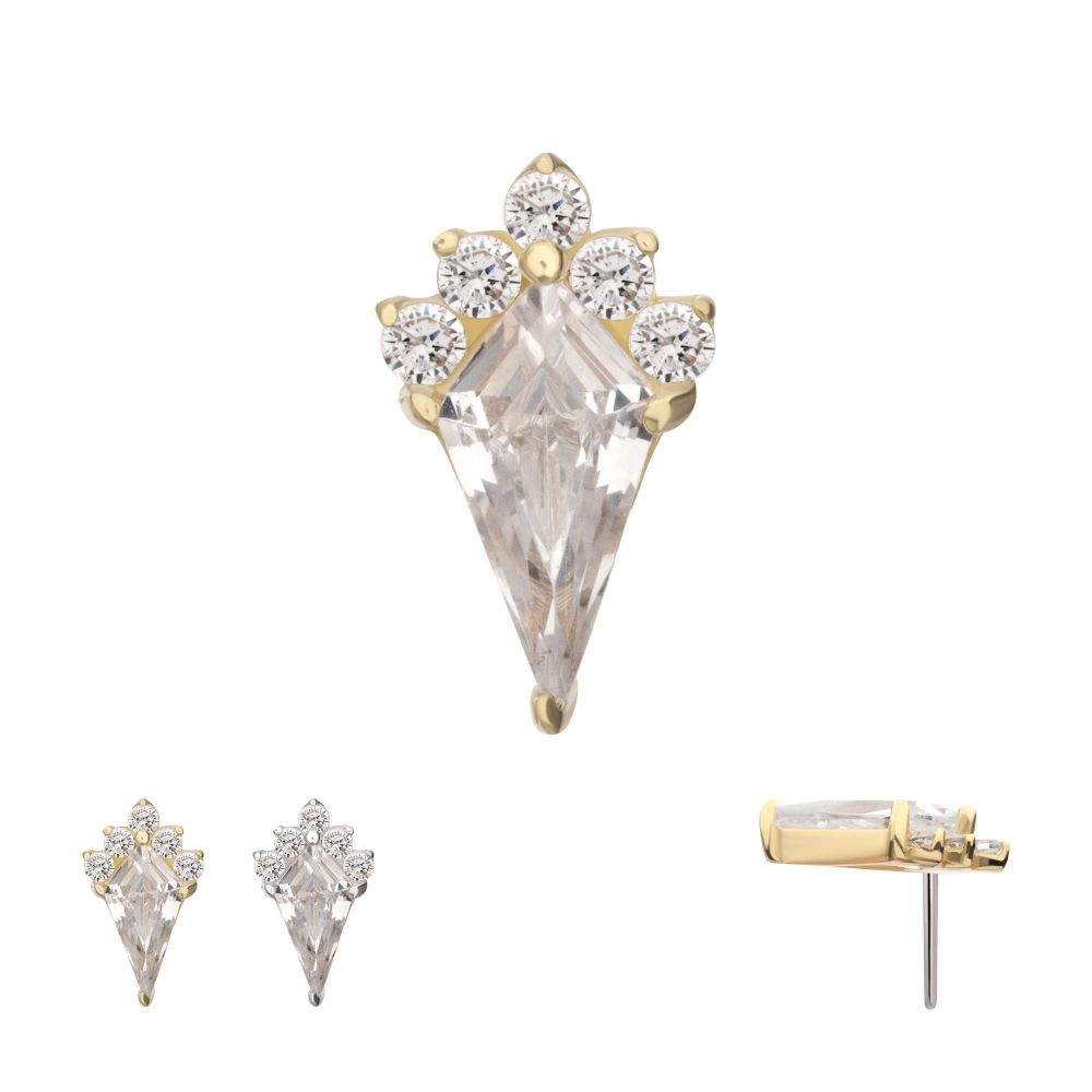 14Kt Gold Threadless Kite Shape with 5-Cluster Prong Set Round Gem Top