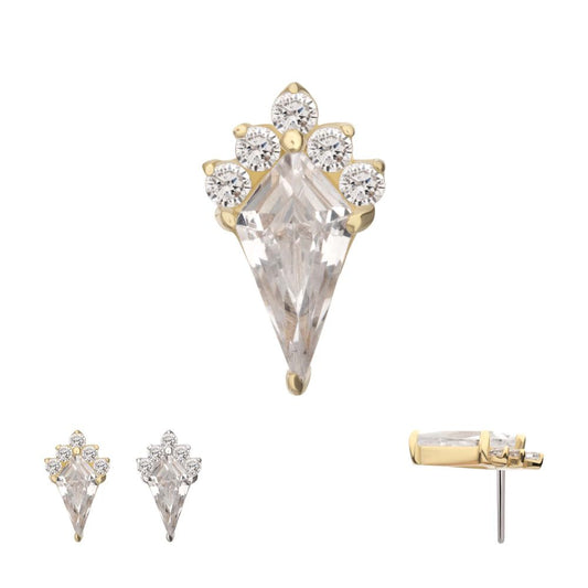 14Kt Gold Threadless Kite Shape with 5-Cluster Prong Set Round Gem Top