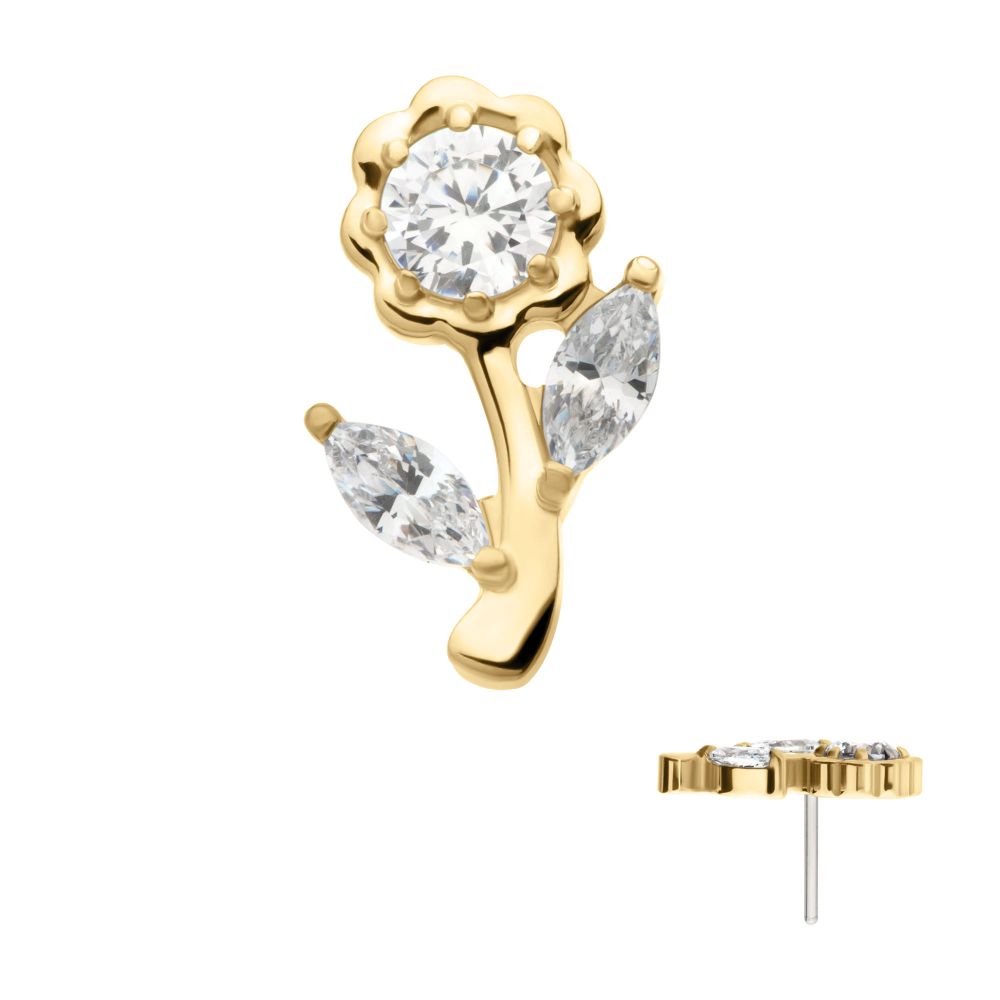 14Kt Gold Threadless Rose Flower & Stem Top with Prong Set Rond & Marquise Gem