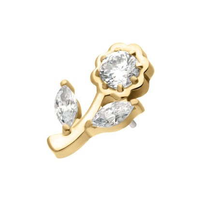 14Kt Gold Threadless Rose Flower & Stem Top with Prong Set Rond & Marquise Gem