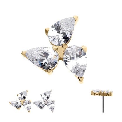 14Kt Gold Threadless Triple Teardrop Prong Set Gem Top