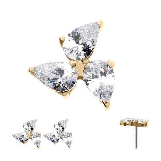 14Kt Gold Threadless Triple Teardrop Prong Set Gem Top