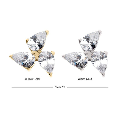 14Kt Gold Threadless Triple Teardrop Prong Set Gem Top