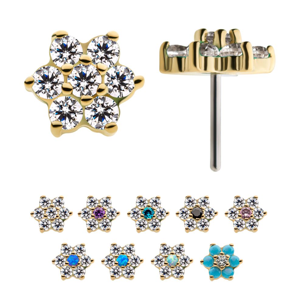 14Kt Yellow Gold Threadless with 6 Prong Set Clear CZ and Centerpiece CZ/Synthetic Opal Flower Top 