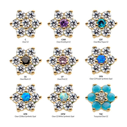 14Kt Yellow Gold Threadless with 6 Prong Set Clear CZ and Centerpiece CZ/Synthetic Opal Flower Top 