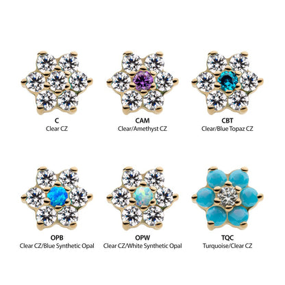 14Kt Yellow Gold Threadless with 6 Prong Set Clear CZ and Centerpiece CZ/Synthetic Opal Flower Top