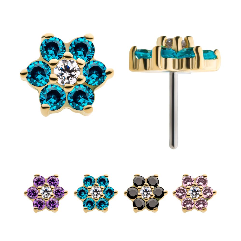 14Kt Yellow Gold Threadless with 6 Prong Set CZ and Centerpiece Clear CZ Flower Top 