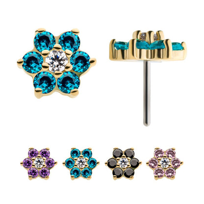 14Kt Yellow Gold Threadless with 6 Prong Set CZ and Centerpiece Clear CZ Flower Top 