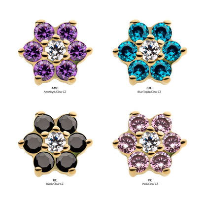 14Kt Yellow Gold Threadless with 6 Prong Set CZ and Centerpiece Clear CZ Flower Top 