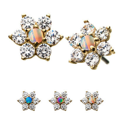 14kt Yellow Gold Threadless 6-CZ Clear Gems and Synthetic Opal Top