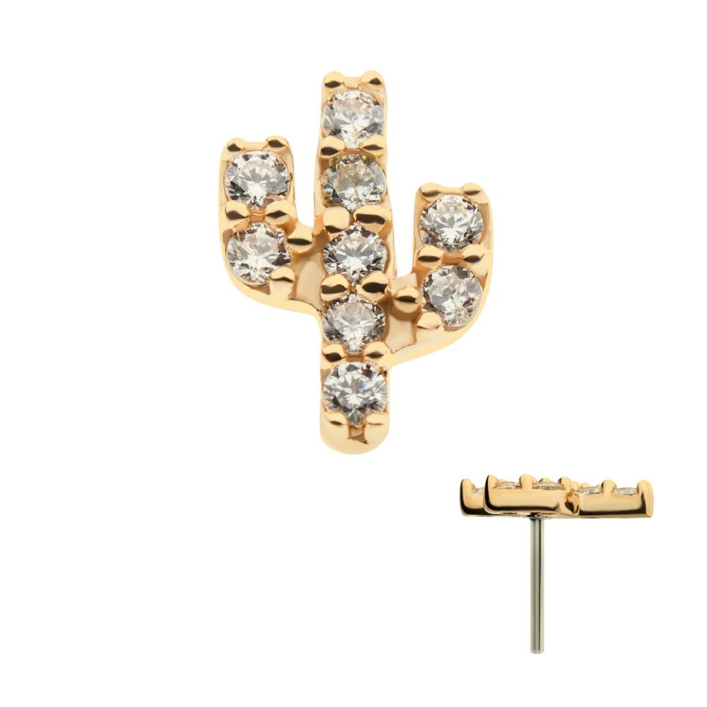 14Kt Yellow Gold Threadless with Prong Set 9 Round Clear CZ Cactus Top