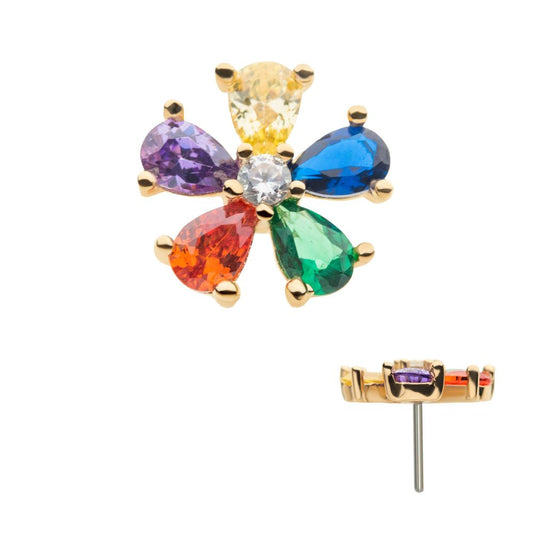 14Kt Yellow Gold Threadless with Prong Set 5 Rainbow CZ Flower Top