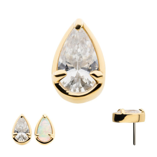 14Kt Gold Threadless with Prong Set Pear-Shaped CZ/Synthetic Opal/Stone Top