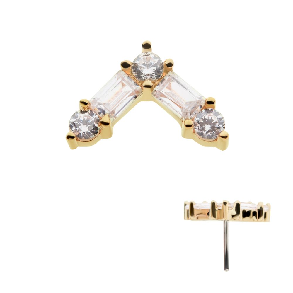 14Kt Yellow Gold Threadless with Prong Set Round and Baguette Clear CZ Triangle Top