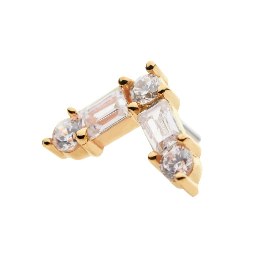 14Kt Yellow Gold Threadless with Prong Set Round and Baguette Clear CZ Triangle Top