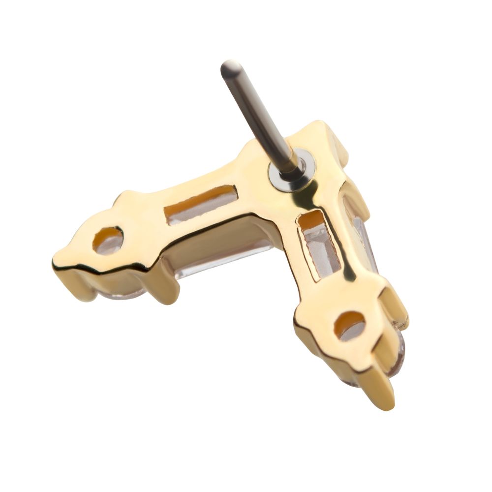 14Kt Yellow Gold Threadless with Prong Set Round and Baguette Clear CZ Triangle Top