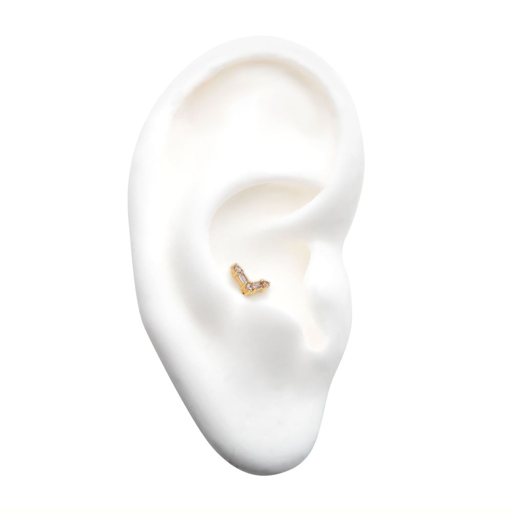 14Kt Yellow Gold Threadless with Prong Set Round and Baguette Clear CZ Triangle Top