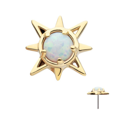 14Kt Yellow Gold Threadless Prong Set Round White Opal Sunburst Top