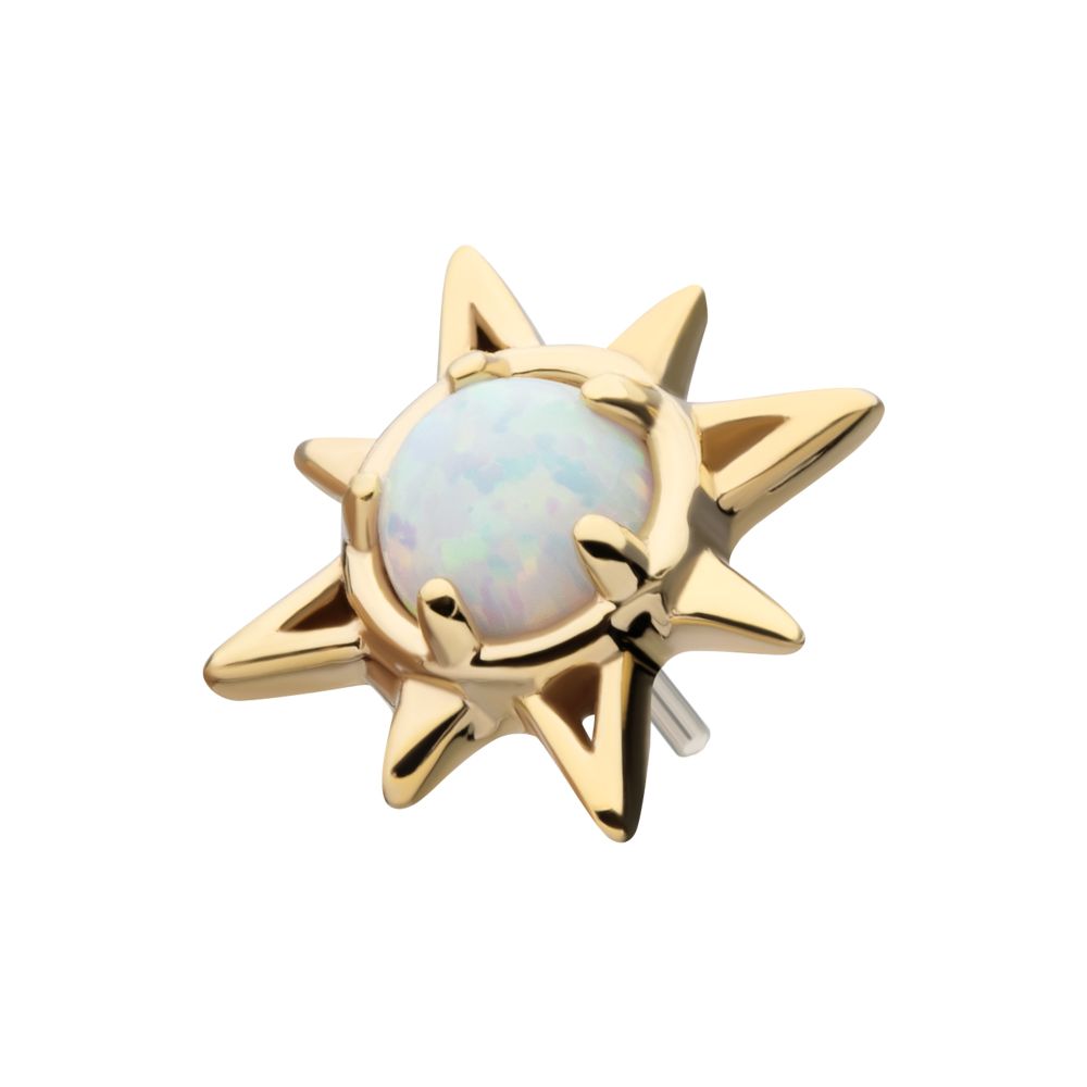 14Kt Yellow Gold Threadless Prong Set Round White Opal Sunburst Top
