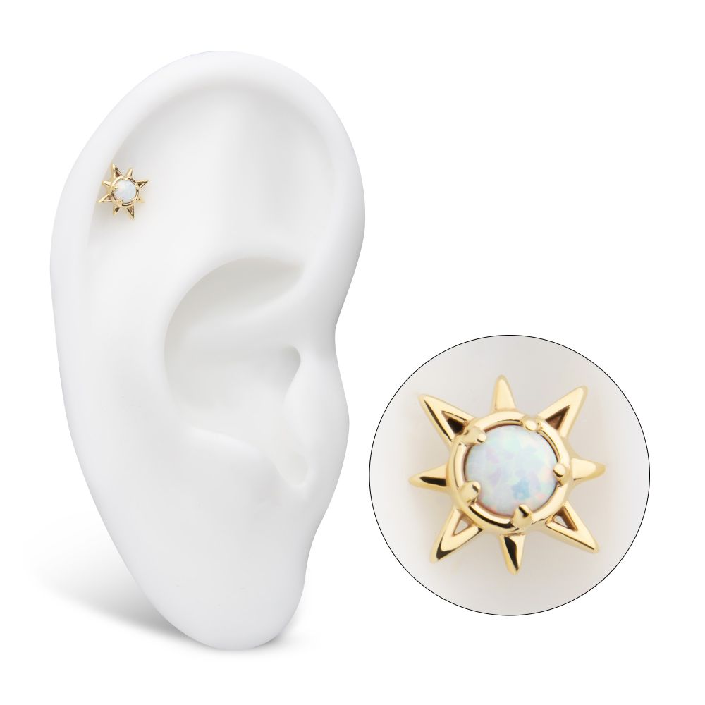 14Kt Yellow Gold Threadless Prong Set Round White Opal Sunburst Top
