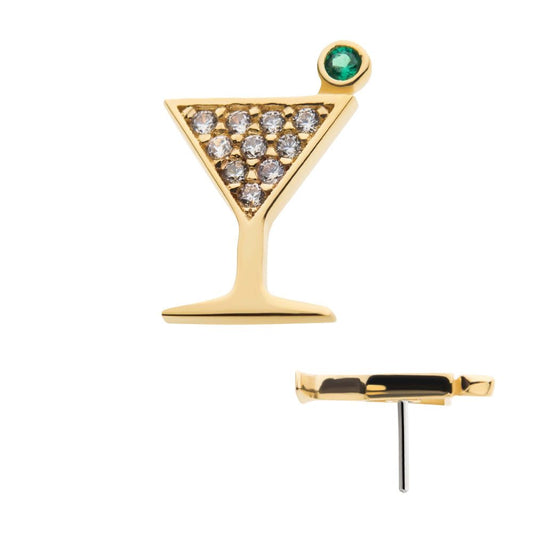 14Kt Yellow Gold Threadless with Pave Set Round Clear CZ and Olive Green CZ Martini Top