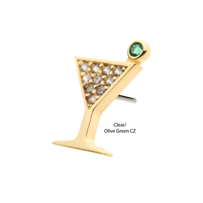 14Kt Yellow Gold Threadless with Pave Set Round Clear CZ and Olive Green CZ Martini Top