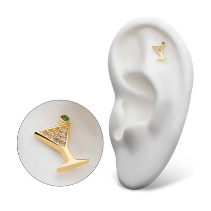 14Kt Yellow Gold Threadless with Pave Set Round Clear CZ and Olive Green CZ Martini Top