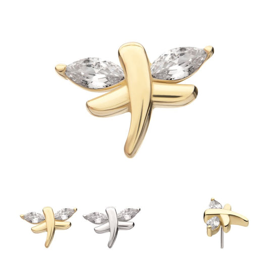 14Kt Gold Threadless Dragonfly with Prong Set Marquise Gem Top