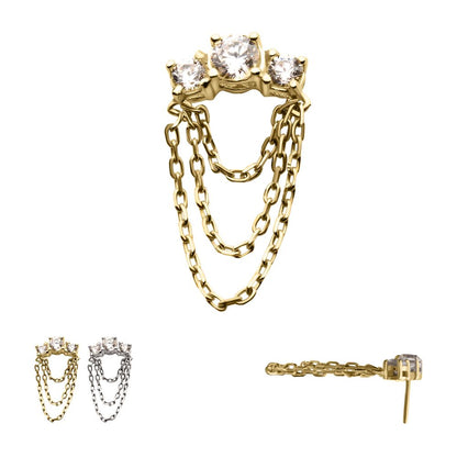 14Kt-Gold Threadless Threadless 3-Cluster Prong Set Gem Top with 3-Tier Dangle Chain